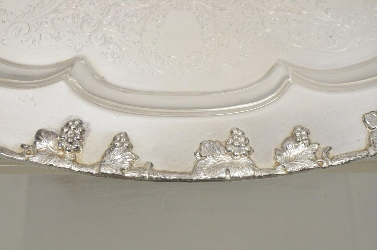 English Victorian Regency Silver Plate Oval Grapevine Platter Tray with Monogram