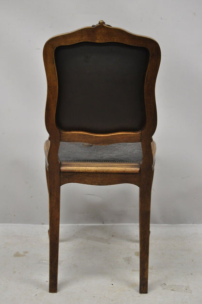 Antique French Louis XV Style Brown Embossed Leather Walnut Dining Side Chair C