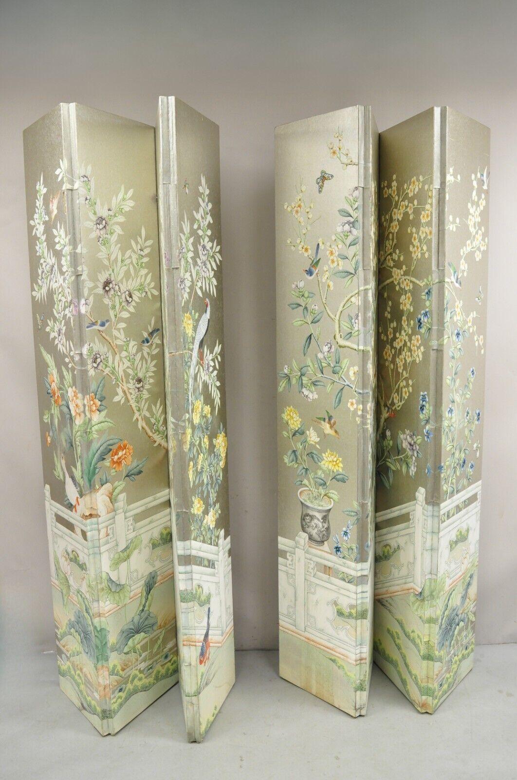 Vintage Chinoiserie Silver Leaf Birds Butterflies 4 Panel Screen Room Divider B