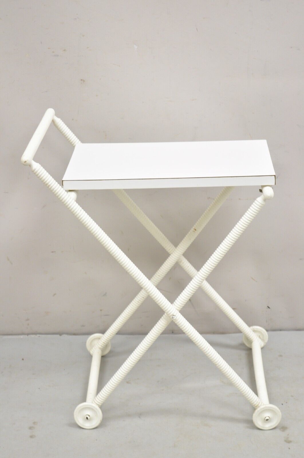 Vintage Mid Century Modern White Small Spool Carved Folding Bar Cart Side Table