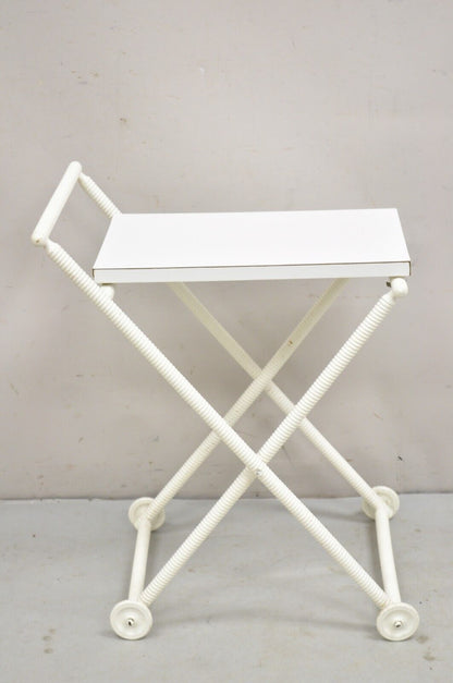 Vintage Mid Century Modern White Small Spool Carved Folding Bar Cart Side Table