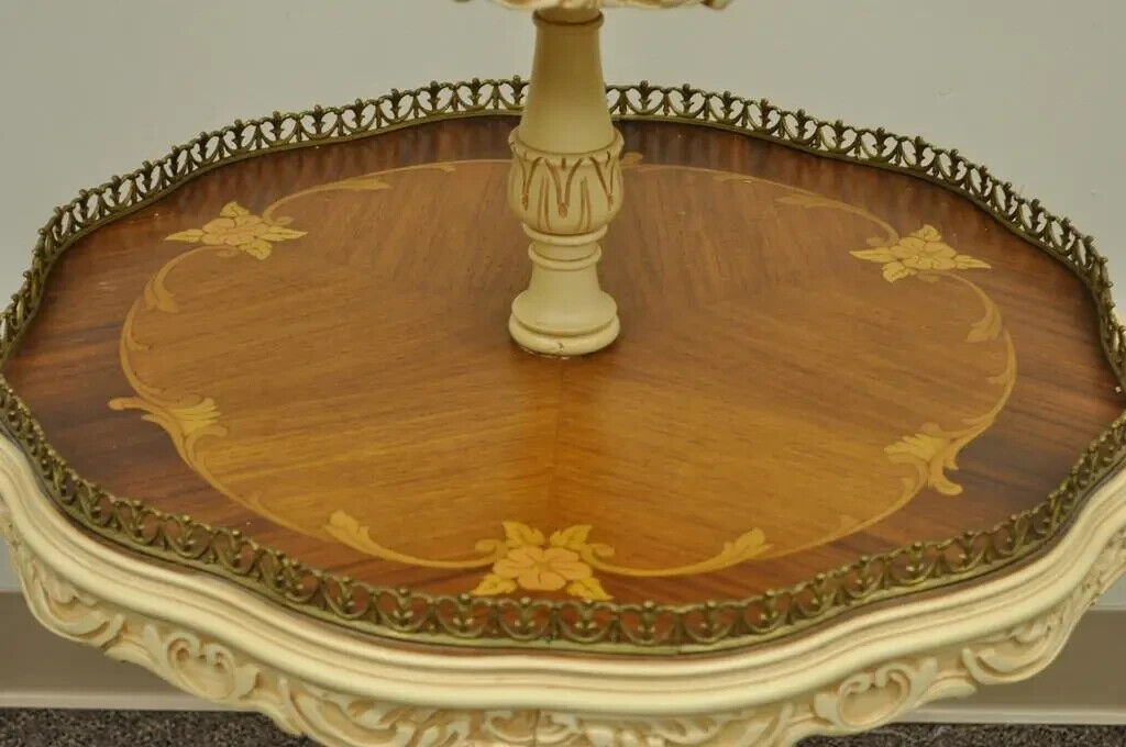 Vintage French Louis XV Style Satinwood Inlay Round 2 Tier Occasional Side Table