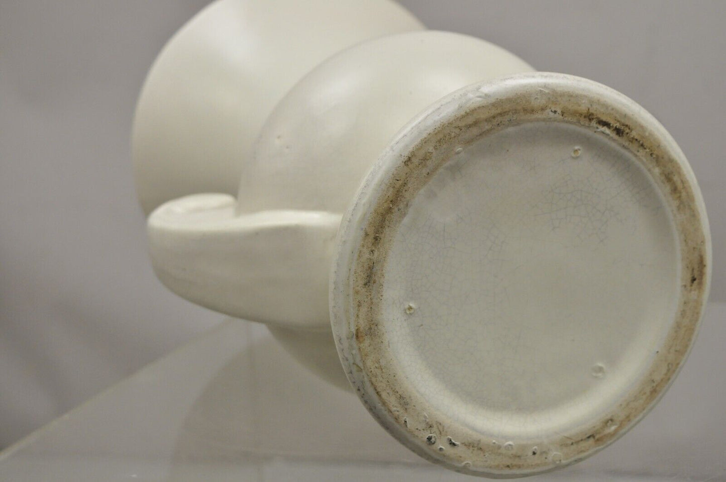 Vintage Art Deco White Glazed Ceramic Stoneware 15" Tall Twin Handle Vase