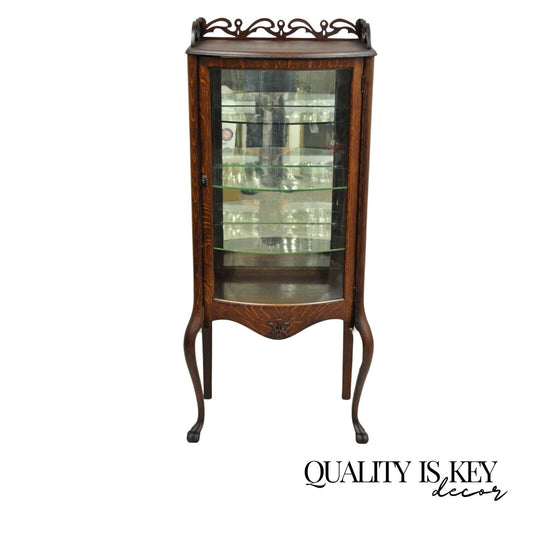 Antique Victorian Oak Wood Bowed Glass Single Door Carved Fretwork Curio Cabinet