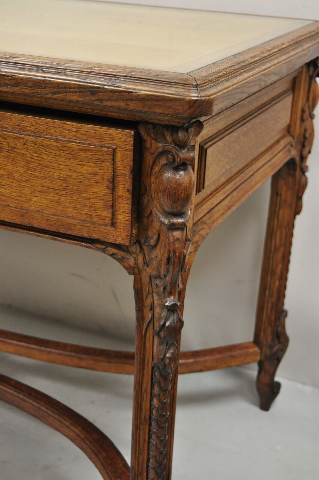 Antique French Victorian Louis XV Style Oak 2 Drawer Writing Desk Console Table