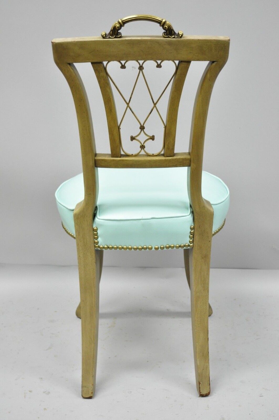 Carved Mahogany French Regency Style Chair w/ Brass Handle & Aqua Blue Vinyl (A)