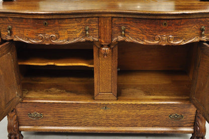 Antique Victorian Figural Lion & Griffin Carved Oak Wood Sideboard Buffet