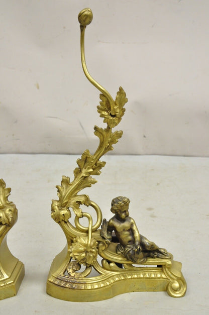 Antique French Louis XV Rococo Style Bronze Cherub Acanthus Leaf Andirons - Pair