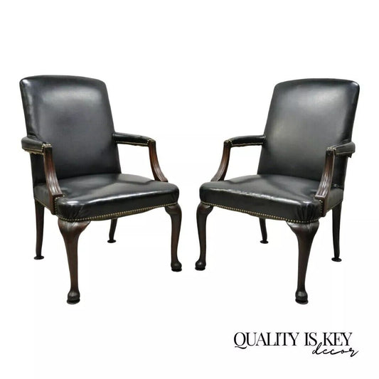 Antique English Georgian Style Dark Green Leather Library Office Chairs - a Pair