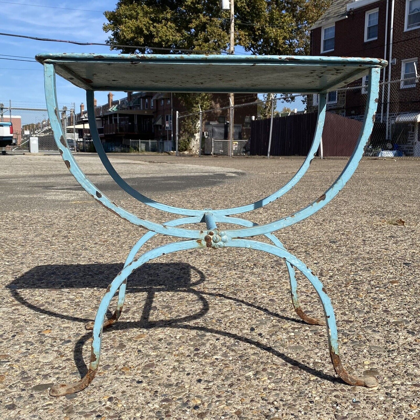 Vintage Italian Hollywood Regency Wrought Iron Curule Garden Patio Side Table