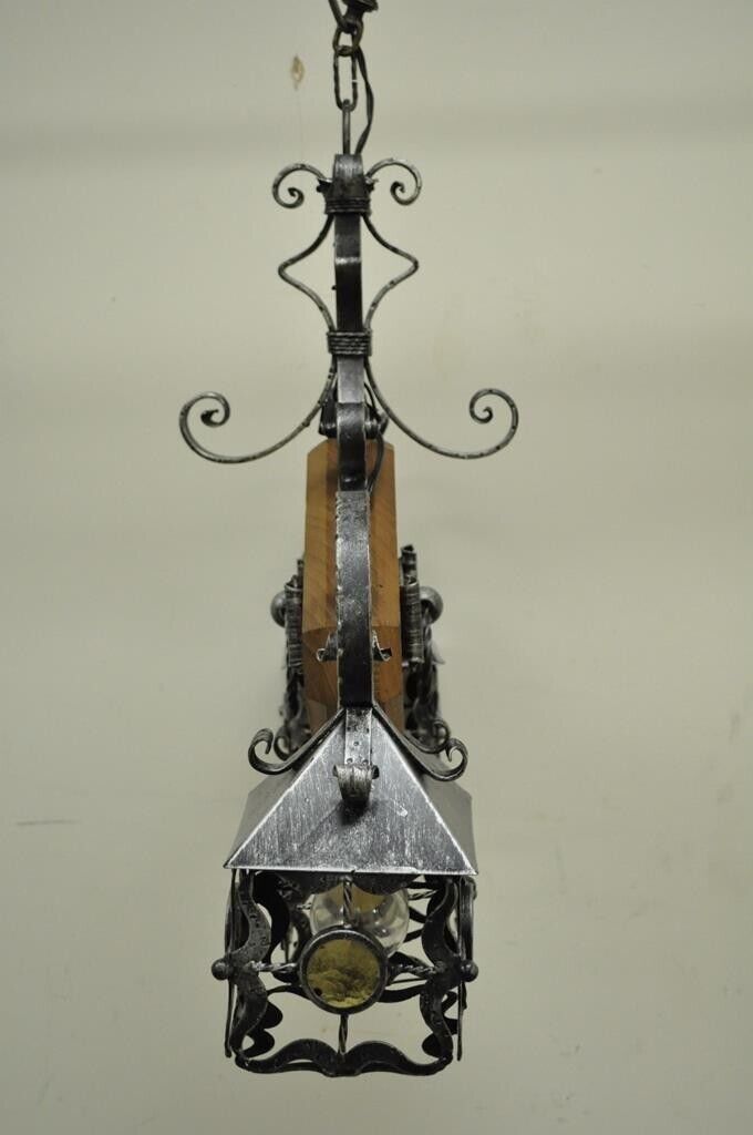 Vintage Arts & Crafts Gothic Style Wood Wrought Iron 3 Light Lantern Chandelier