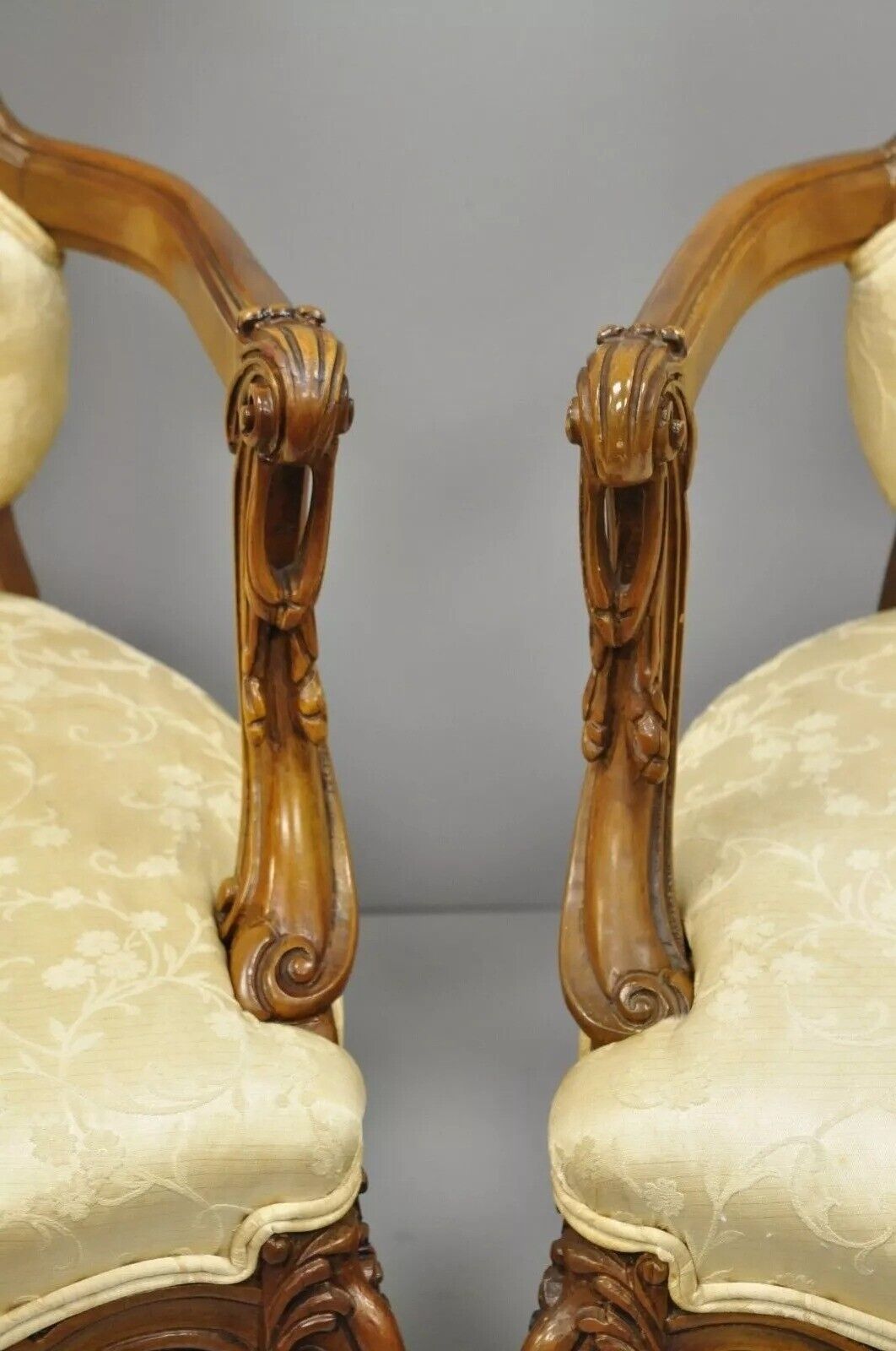 Vintage Hollywood Regency French Louis Style Drape Carved Arm Chairs - a Pair