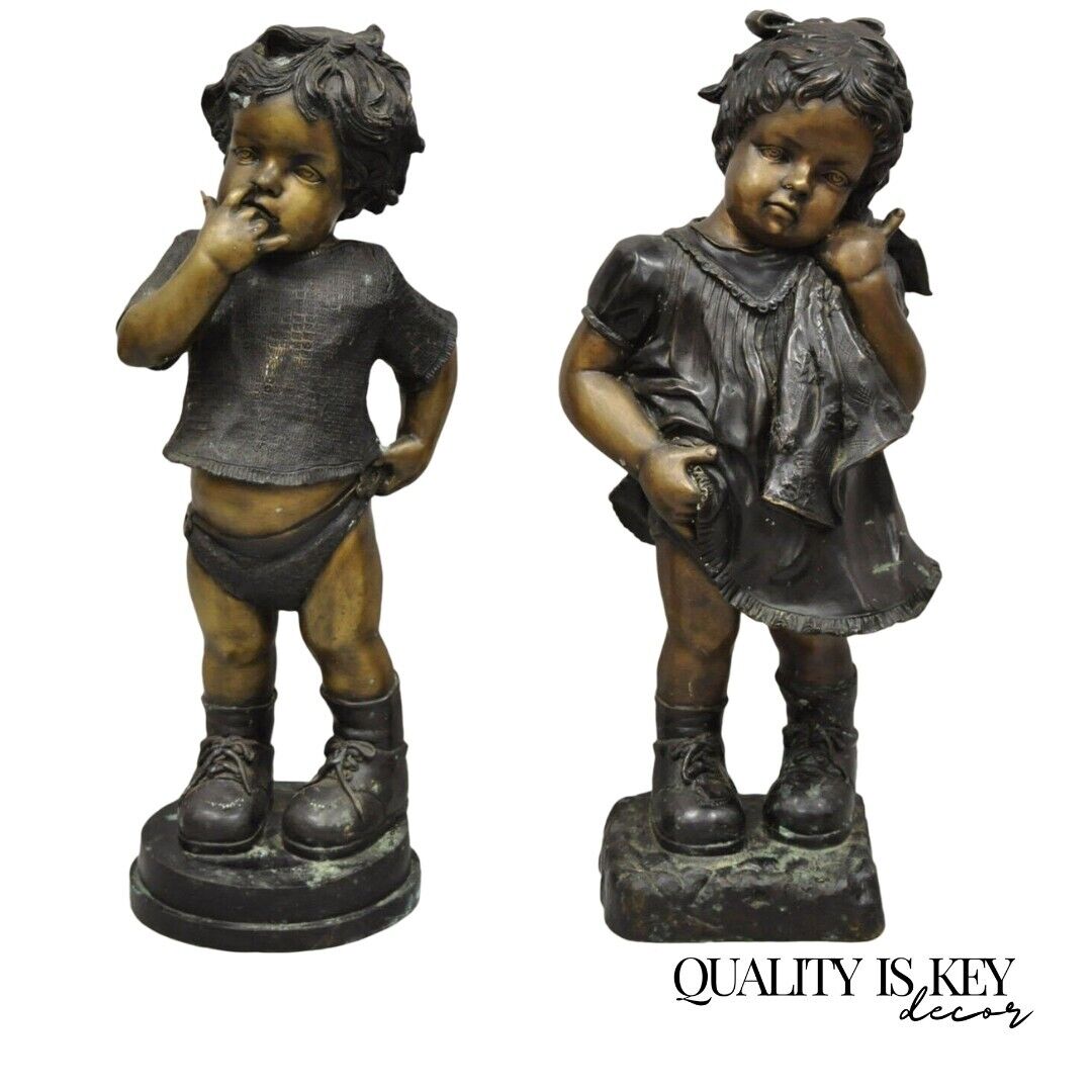 Cast Bronze Victorian Style 29" Little Boy and Girl Statue Figure - a Pair