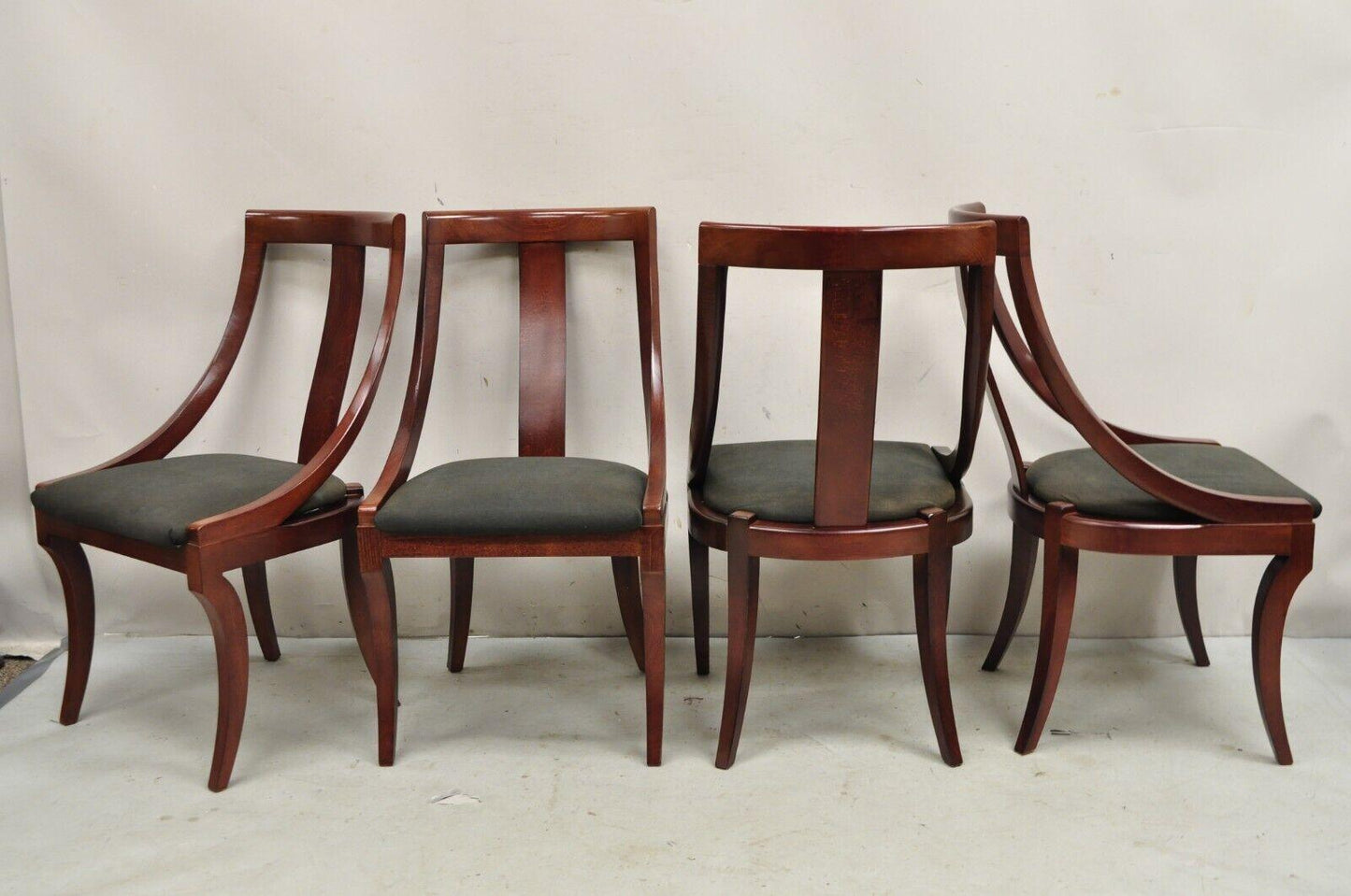 French Empire Regency Style Cherry Wood Saber Leg Dining Side Chairs - Set of 4