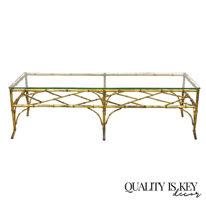 Vintage Italian Hollywood Regency Gold Gilt Iron Glass Faux Bamboo Coffee Table