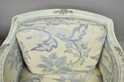 Vintage French Provincial Louis XVI Blue & Cream Painted Club Chairs - a Pair