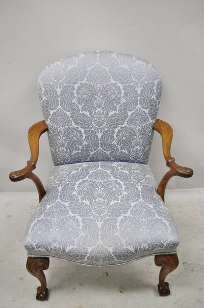 Chippendale Georgian Style Ball & Claw Carved Mahogany Blue Upholstery Arm Chair