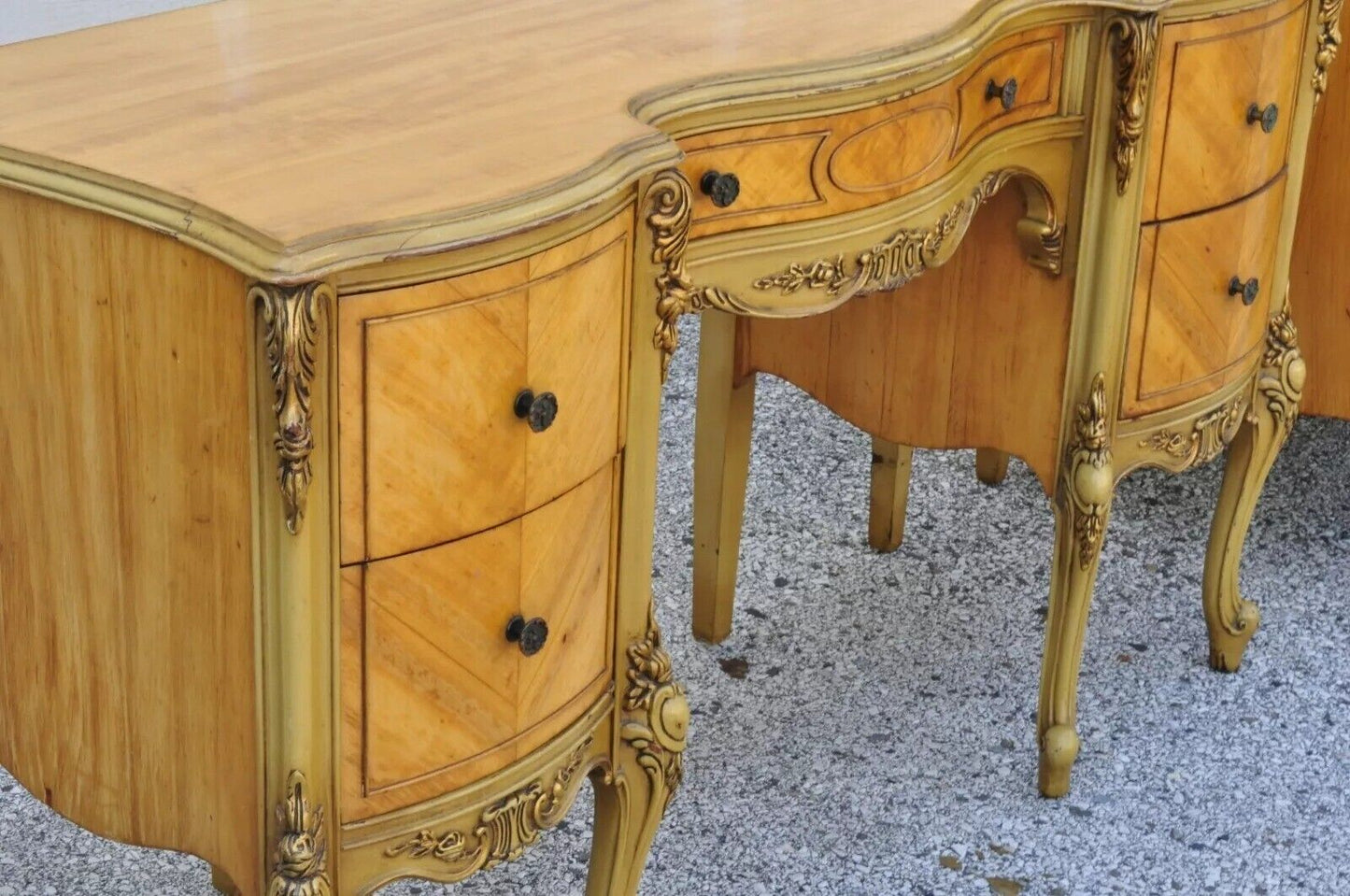 Antique French Louis XV Satinwood Bedroom Set Dresser Vanity Mirror - 9 Pc Set