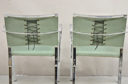 Italian Modern Naos Italy Teal Blue Leather Chrome "Corset" Arm Chairs - a Pair