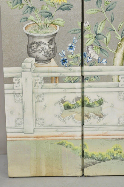 Vintage Chinoiserie Silver Leaf Birds Butterflies 4 Panel Screen Room Divider A