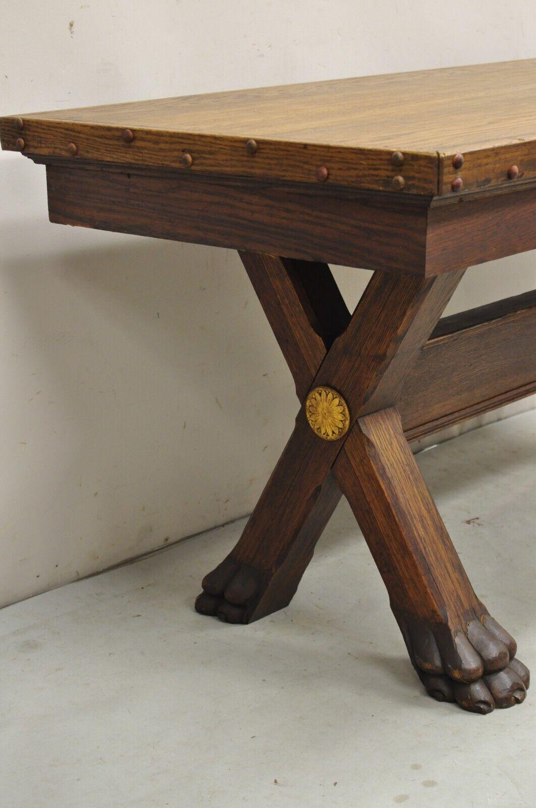 Antique English Renaissance Oak Wood Trestle Sawbuck Dining Table with Paw Feet