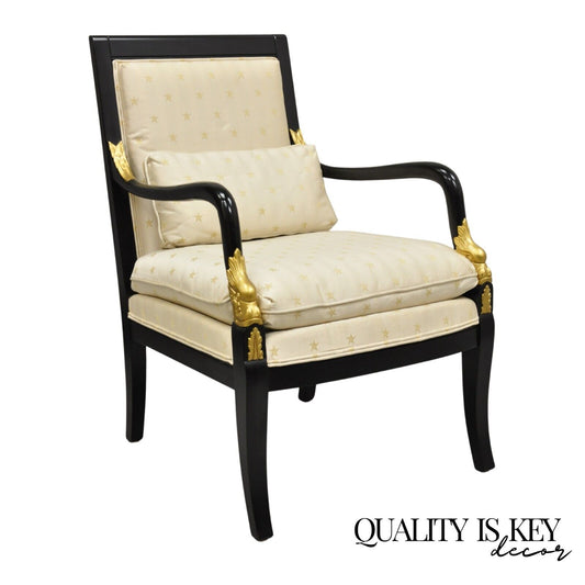 Ethan Allen French Empire Style Black Lacquer Gold Dolphin Upholstered Arm Chair