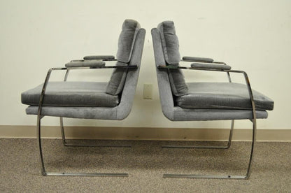 Mid Century Modern Milo Baughman Style Chrome Steel Cantilever Arm Chairs - Pair