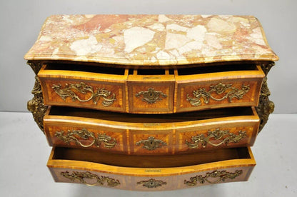 French Louis XV Style Inlaid Marble Top Bombe Commode Chest with Bronze Figures