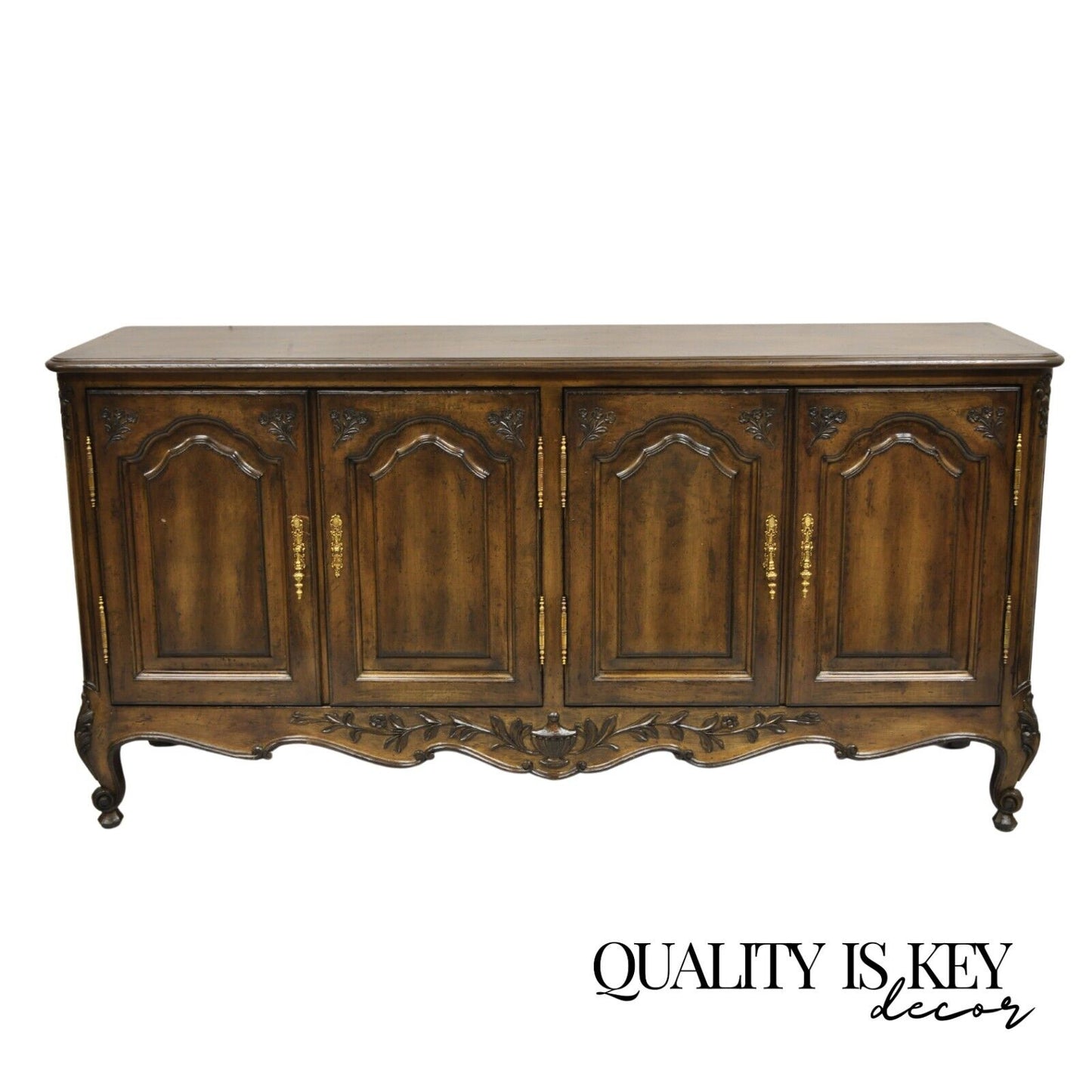 Vintage French Country Provincial Style Carved Walnut 4 Door Sideboard Credenza