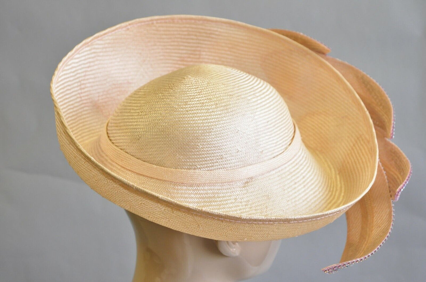 Vintage Jack McConnell Pink Iridescent Jewel Straw Flower Petal Church Derby Hat