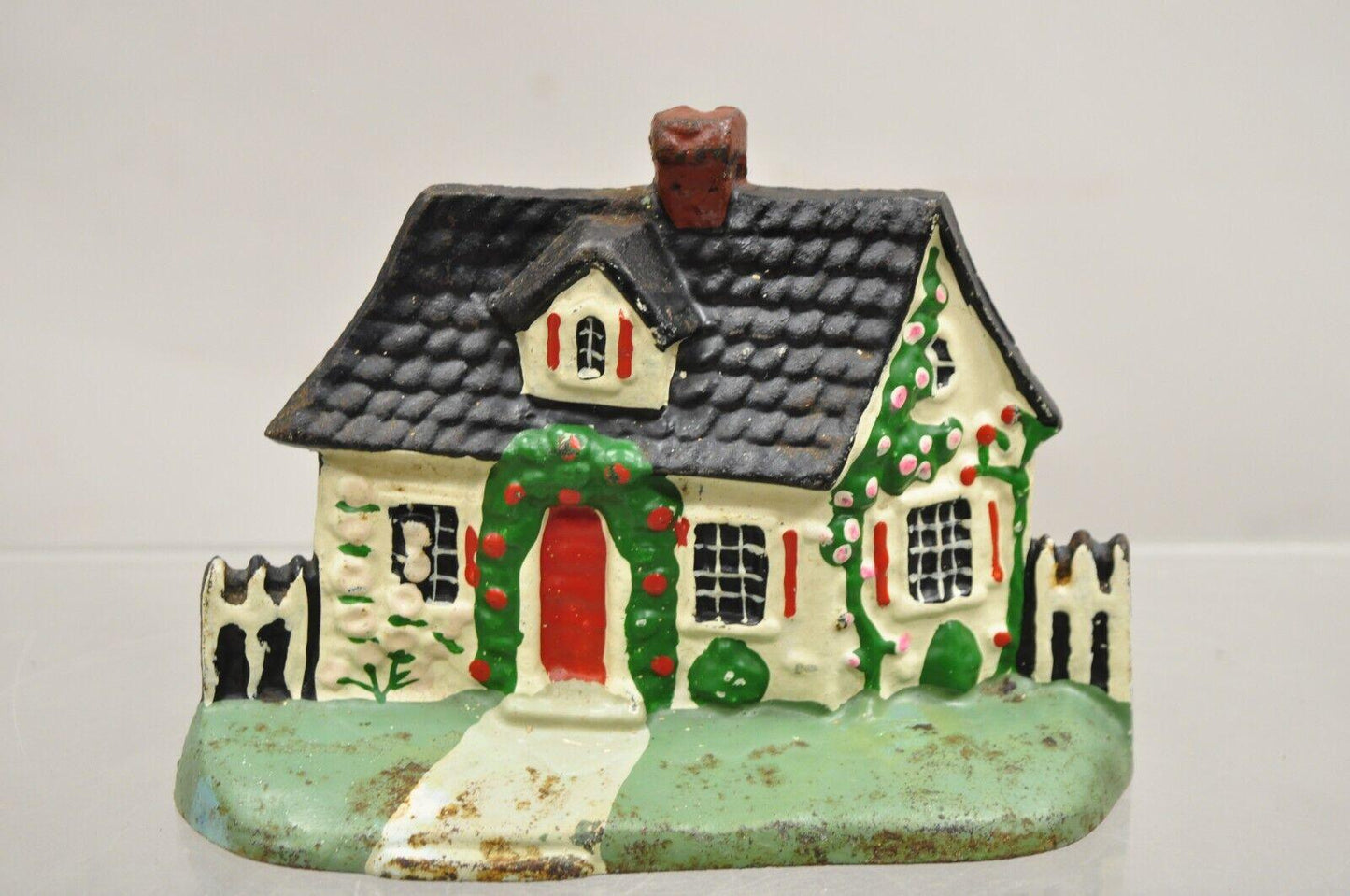 Antique Victorian Cast Iron Figural Traditional Cottage House Painted Door Stop