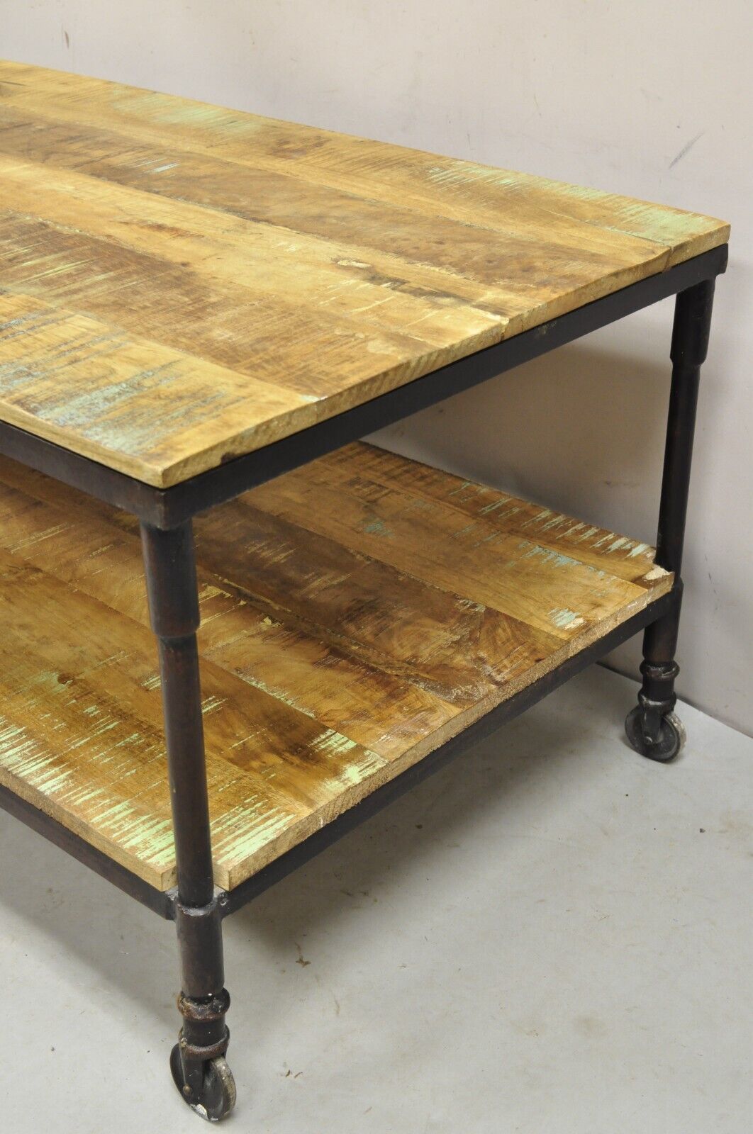 Vintage Industrial Style Cast Iron and Distressed Reclaimed Wood Coffee Table