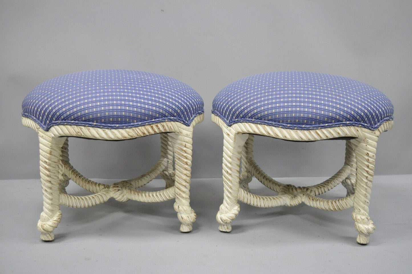 Vintage Napoleon III Style Hollywood Regency White Rope & Knot Stools - a Pair