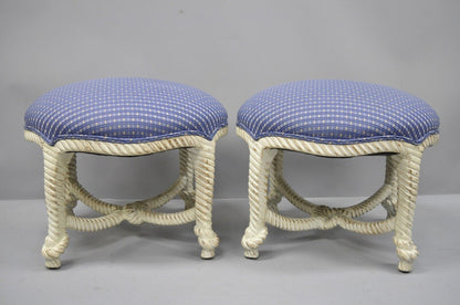 Vintage Napoleon III Style Hollywood Regency White Rope & Knot Stools - a Pair