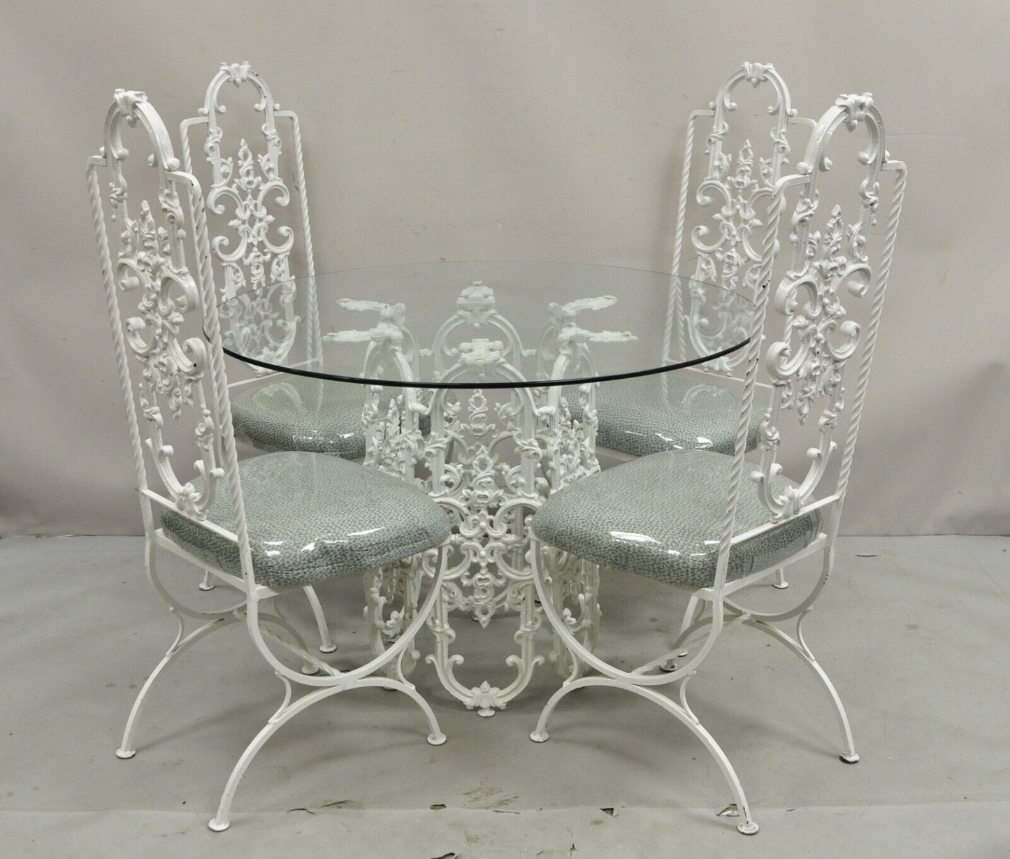 Vintage Hollywood Regency White Ornate Wrought Iron Scroll Dining Set - 5 Pc Set