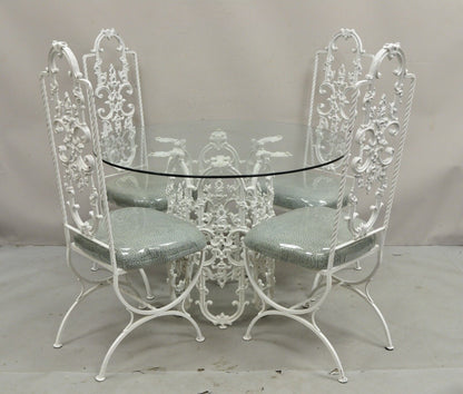 Vintage Hollywood Regency White Ornate Wrought Iron Scroll Dining Set - 5 Pc Set