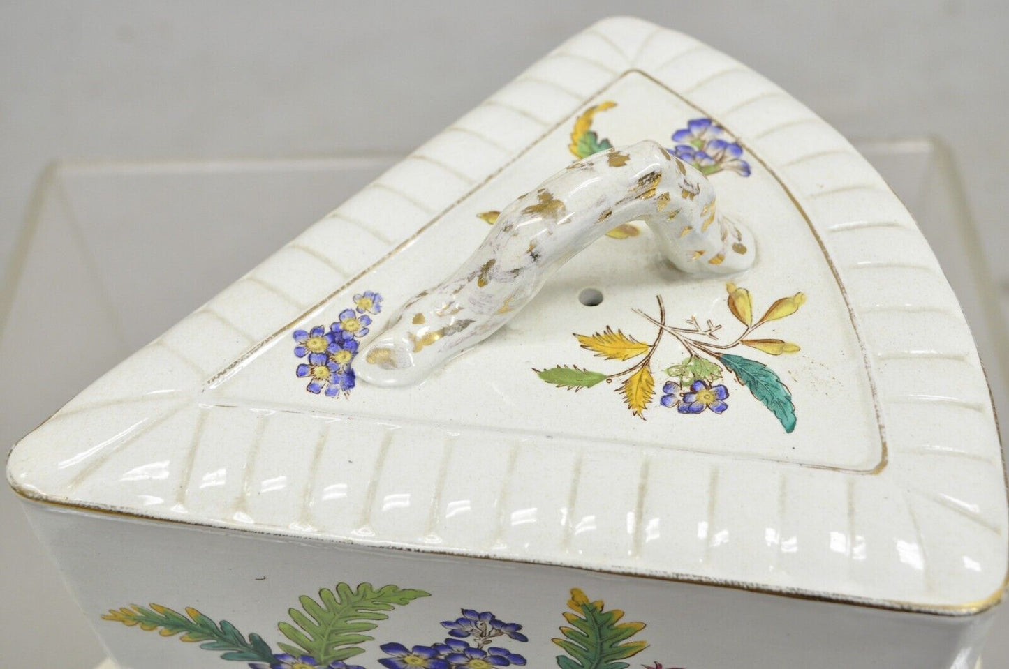 Antique Victorian Large Porcelain Covered Cheese Dish with Flowers and Leaves