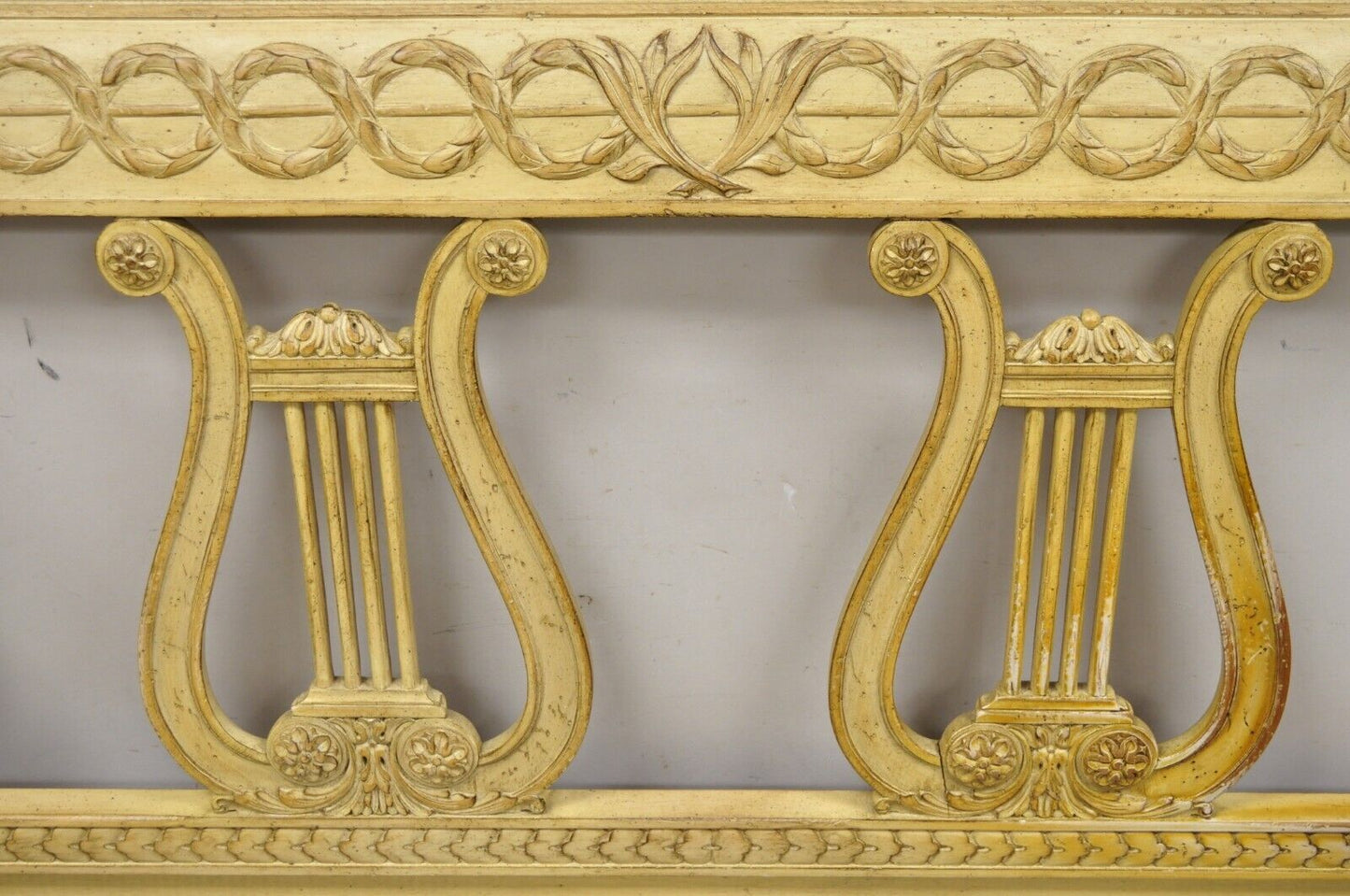 Vintage King Size Neoclassical Style Carved Lyre Harp Wooden Bed Headboard