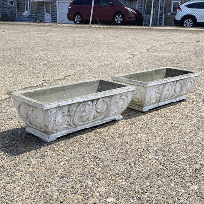 Vintage French Fleur De Lis Rectangular Cement Outdoor Garden Planter - a Pair