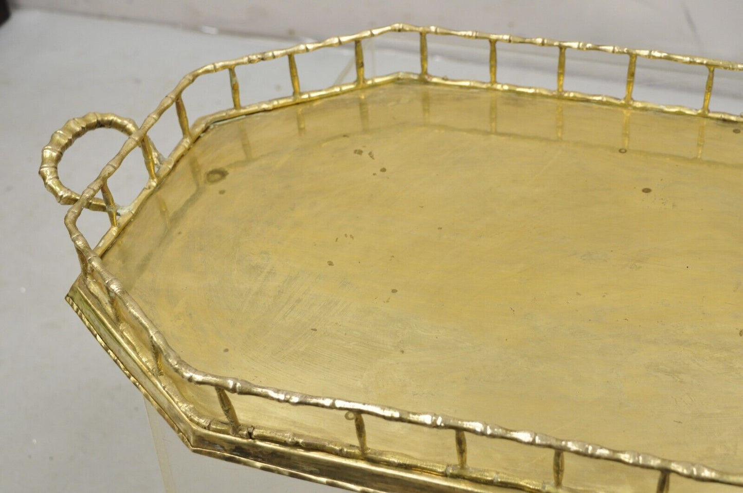 Vintage Hollywood Regency Faux Bamboo Solid Brass Octagonal Serving Platter Tray