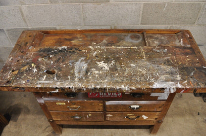 Antique American Industrial Wood Plank Distress Paint Splatter Work Bench Table