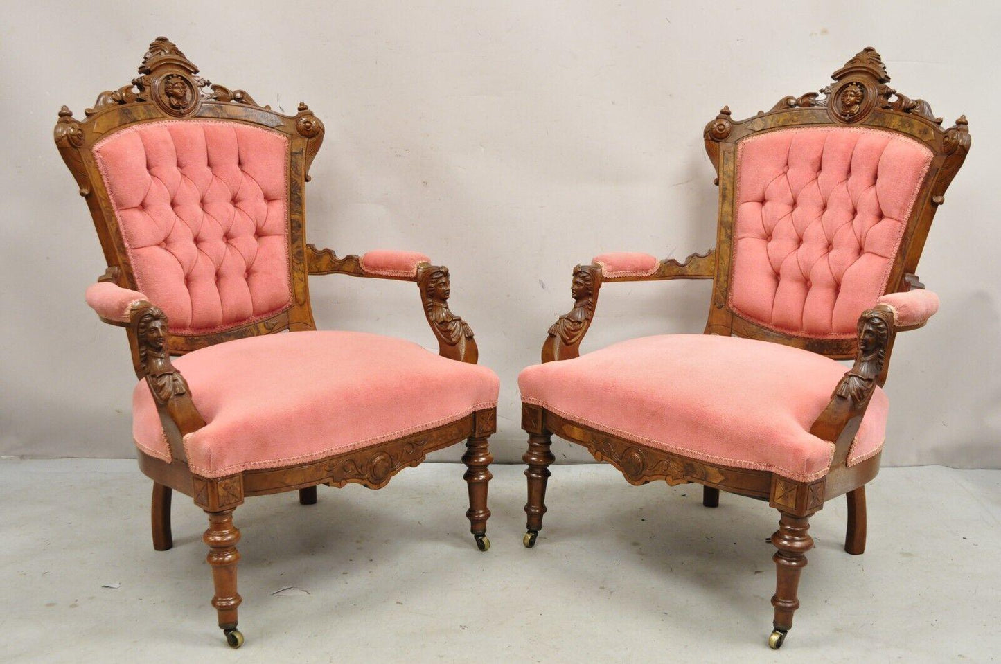 John Jelliff Victorian Renaissance Carved Walnut Figural Parlor Armchairs - Pair