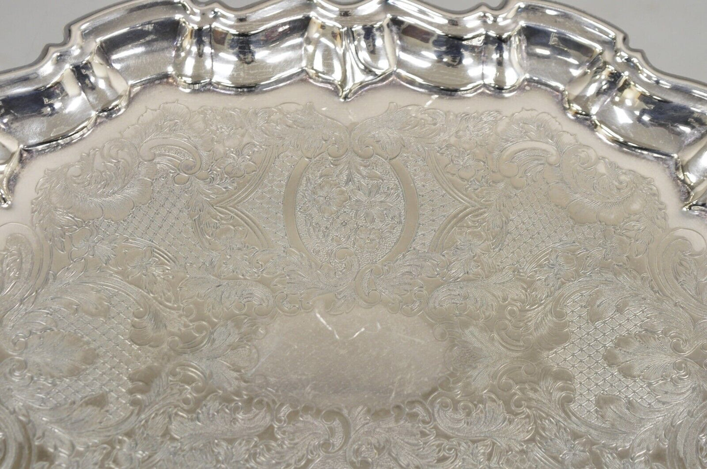 Vintage Leonard Silver Plated Pressed Metal Scalloped Serving Platter Dish