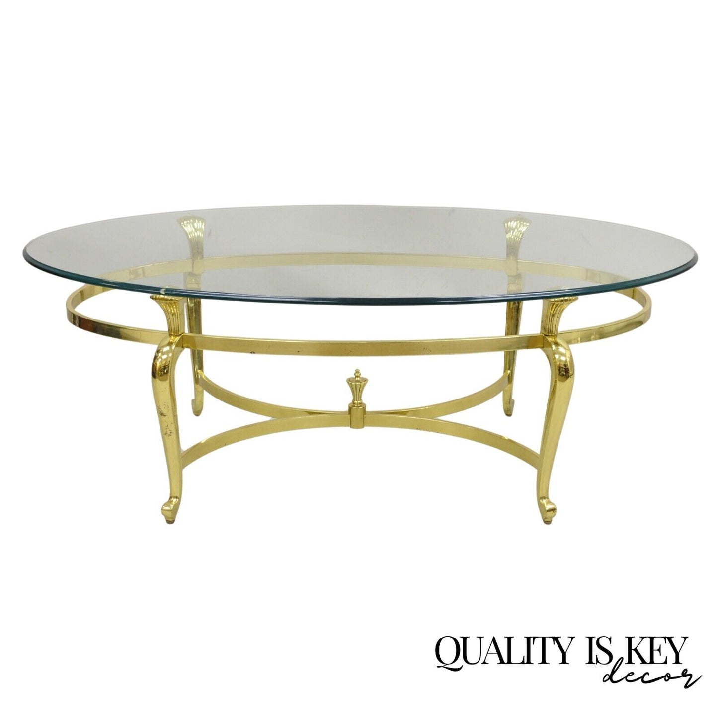 Vintage Brass Hollywood Regency Oval Glass Top Cabriole Leg Coffee Table