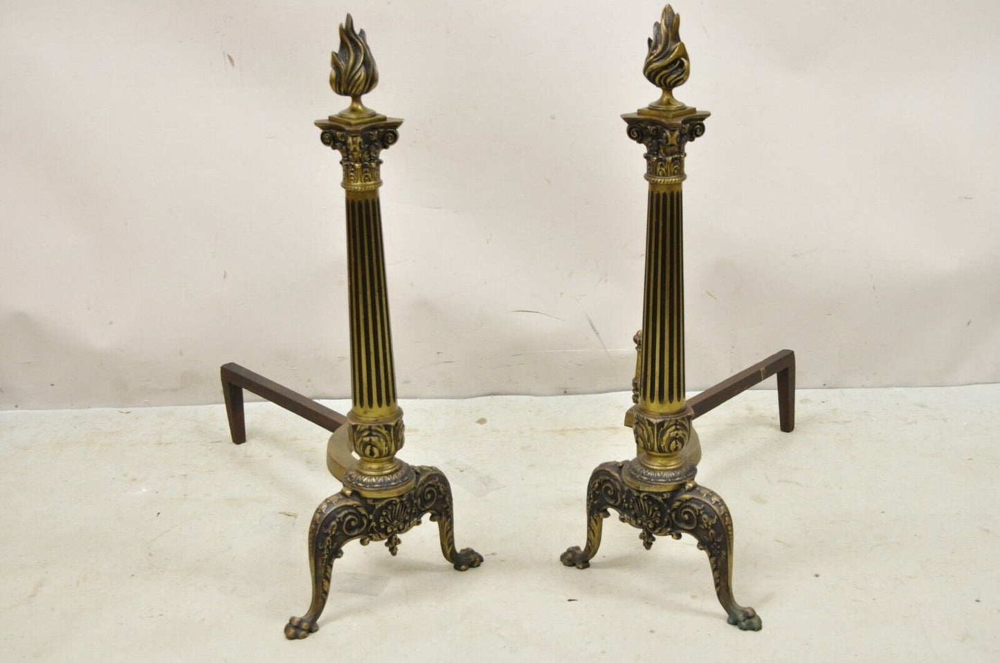 Antique French Empire Style Bronze Column Form Flame Finial Andirons - a Pair