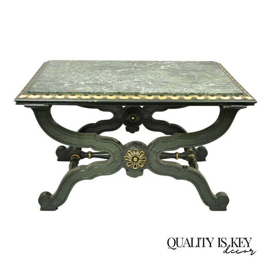 Vintage Curule X-Form Dorothy Draper Espana Style Green Marble Top Coffee Table