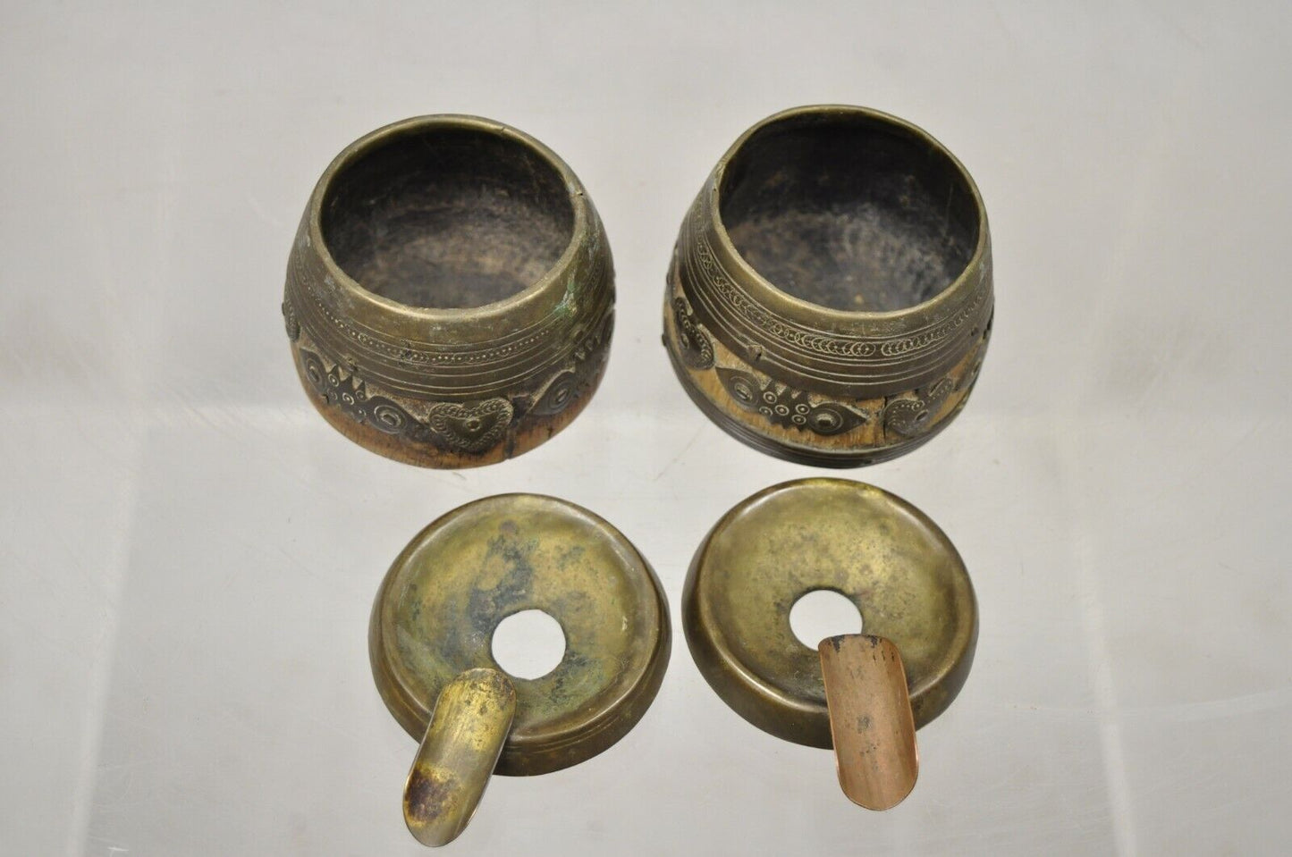 19th C. Antique Indian Brass and Wood Smoking Tobacco Jar Box Ashtray Set - 3 Pc