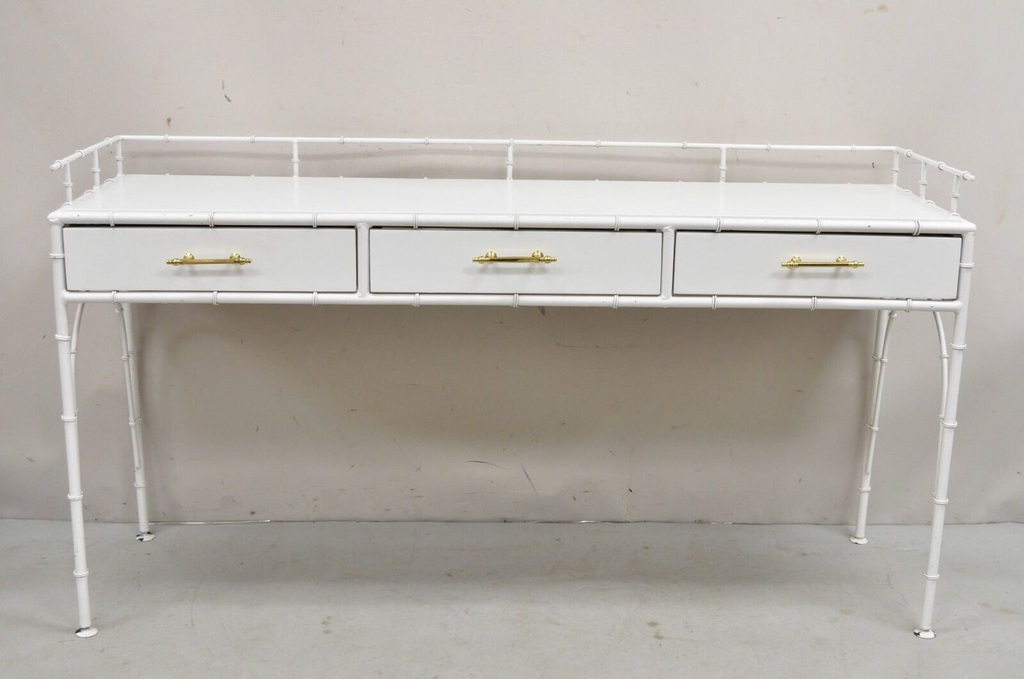 Vintage Hollywood Regency Faux Bamboo White 3 Drawer Metal Hall Console Table