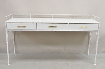 Vintage Hollywood Regency Faux Bamboo White 3 Drawer Metal Hall Console Table