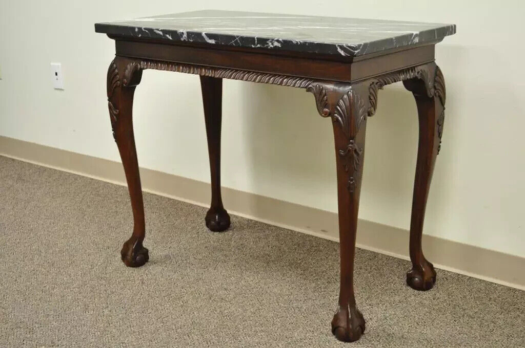 Vintage Mahogany Chippendale Style Ball and Claw Marble Top Console Hall Table